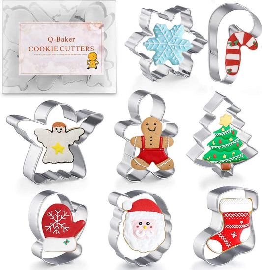 Christmas Cookie Cutters, 8Pcs Winter Holiday Cookie Cutter Set, Stainless Steel Metal Cutter with Gingerbread Men,Christmas Tree,Snowflake, Candy Cane, Angel, Santa Face,Stocking,Mitten - CookCave