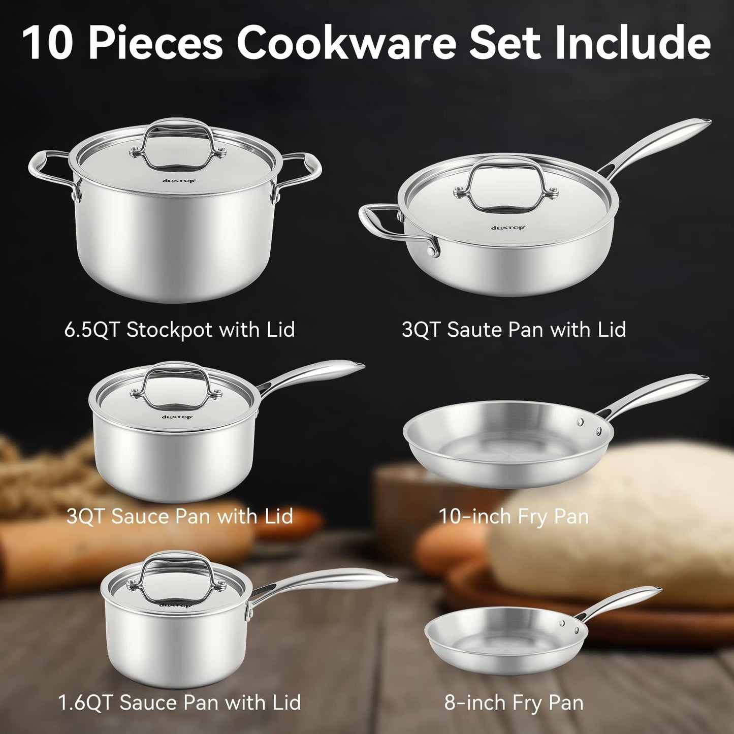 Duxtop Whole-Clad Tri-Ply Stainless Steel Induction Cookware Set, 10PC Kitchen Pots and Pans Set - CookCave