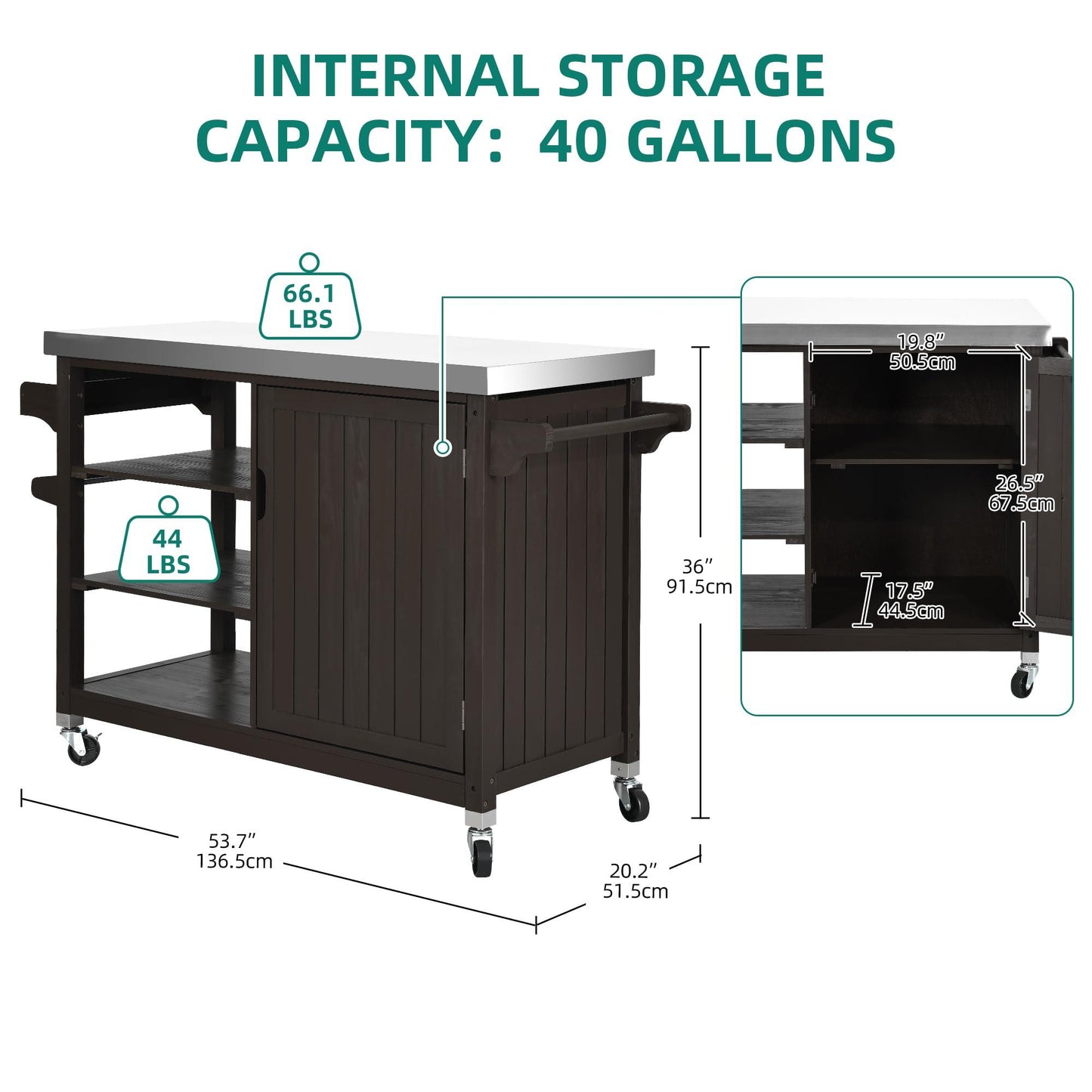 YITAHOME XL Outdoor Storage Cabinet - Versatile Solid Wood Movable Patio Table with Stainless Steel Top, Spice Rack, and Side Handle, Kitchen Island with Storage or Bar Cart - CookCave
