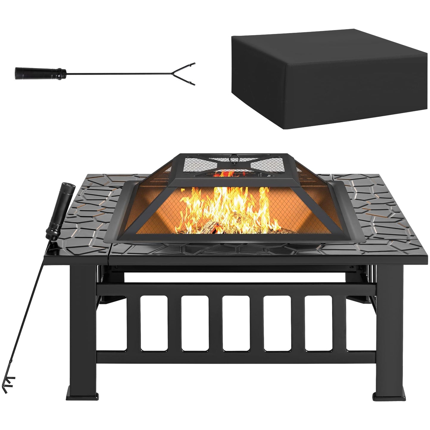 Rankok 32" Multifunctional Outdoor Fire Pit Table with Spark Screen, Fire Grate and Poker Metal Square Fireplace for Outdoor Heating, Backyard BBQ, Camping and Garden Bonfire Party - CookCave