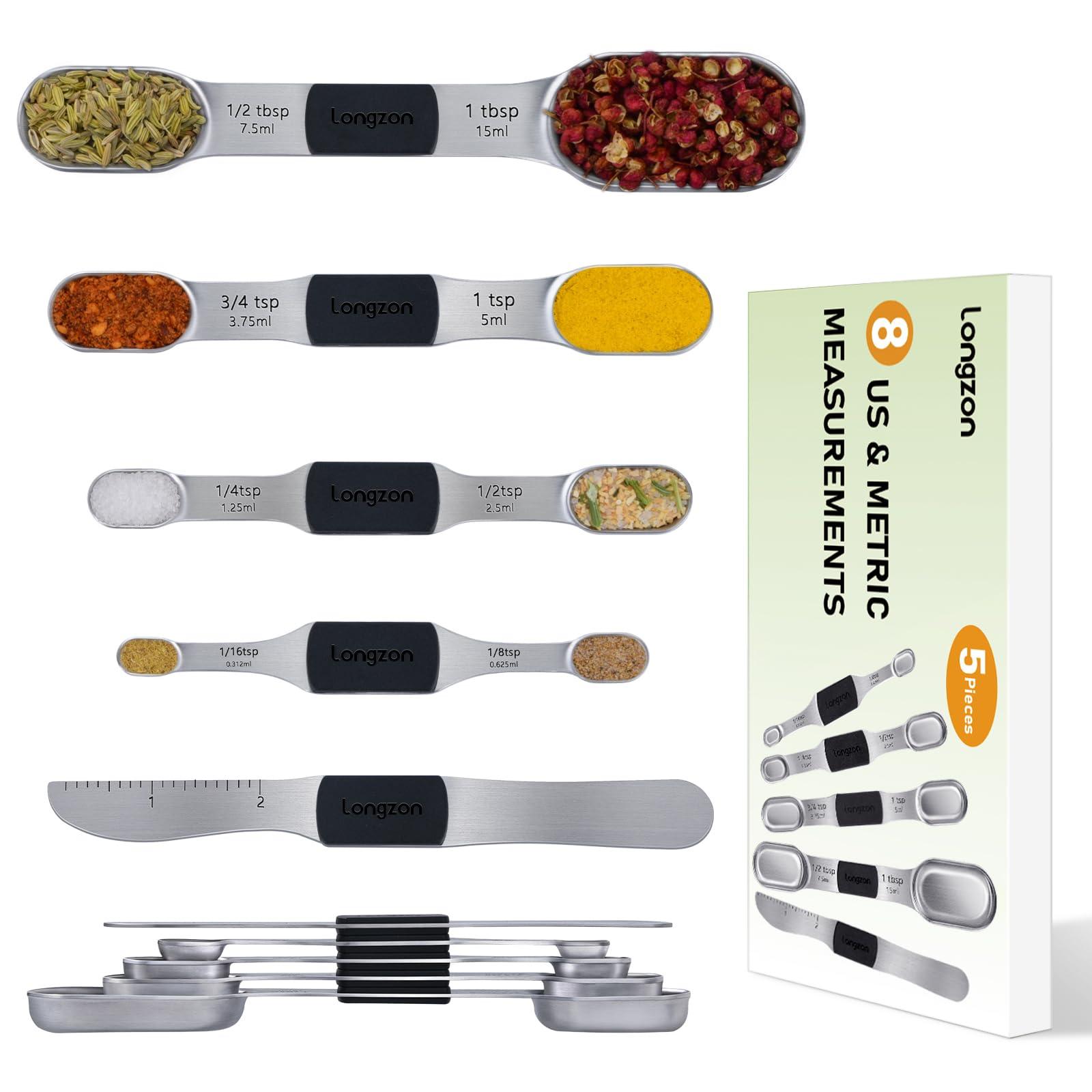 [2024 NEW] longzon 8 Full-Sized Measurements Magnetic Measuring Spoon Set with Leveler - Durable Engraved Markings, Magnetic Absorbent, Stackable Stainless Steel - Suitable for Most Spice Jars - CookCave