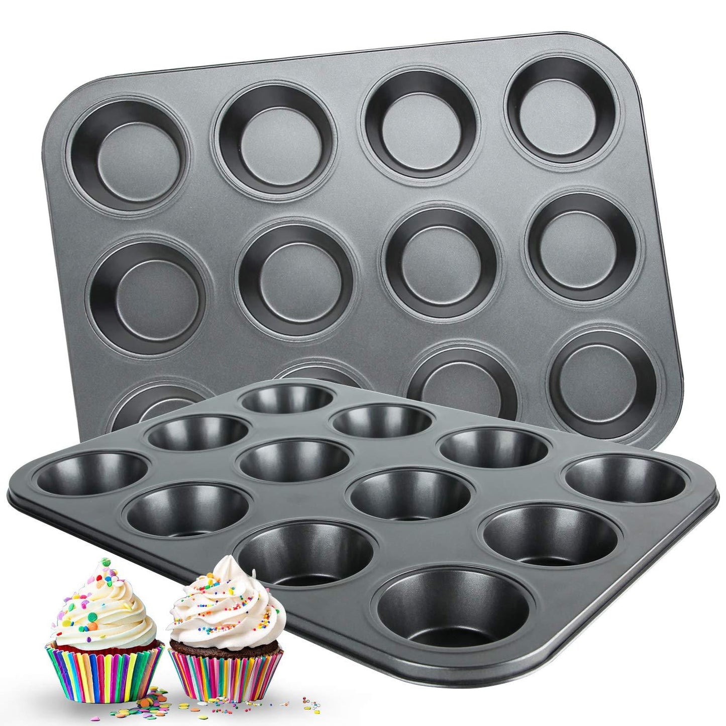 Muffin Pan, 12 Cupcake Pan, 2 Sets of Nonstick Brownie Bakeware Muffin Tin, Cupcake Tray, Baking Pan for Kitchen Oven, Black 13.9 x 10.5 x 1.2 inches - CookCave