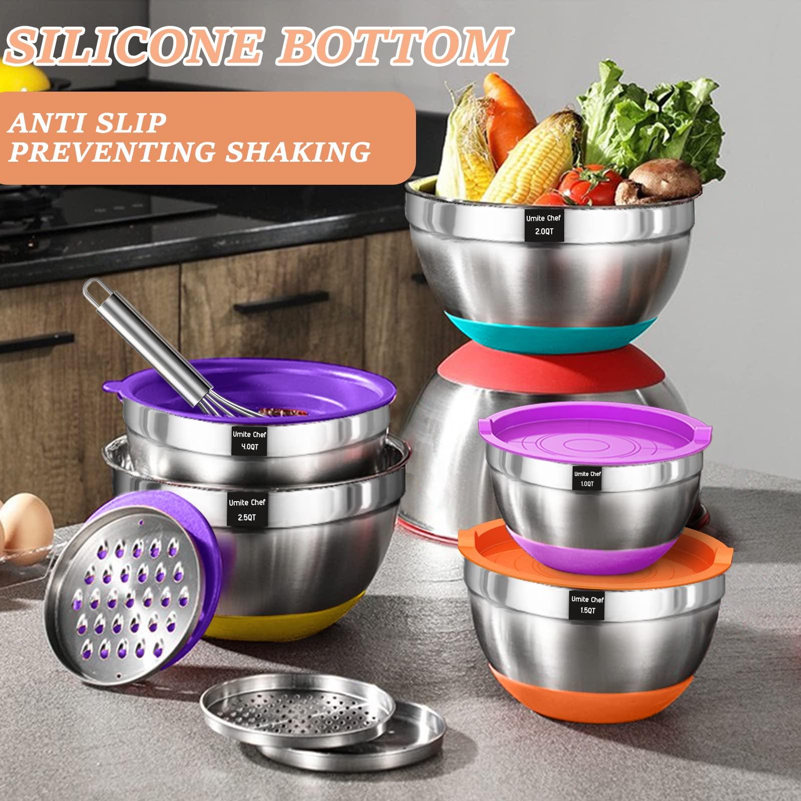 Umite Chef Mixing Bowls with Airtight Lids, 26Pcs Stainless Steel Bowls Set, 3 Grater Attachments & Colorful Non-Slip Bottoms Size 7, 4, 2.5, 2.0,1.5, 1QT, Great for Mixing & Serving - CookCave