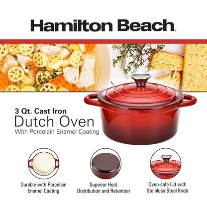 Hamilton Beach Enameled Cast Iron Dutch Oven Red (3-Quart) | Cream Enamel Coating Dutch Oven Pot with Lid | Cast Iron Dutch Oven with Even Heat Distribution | Easy Grip to Handles & Multipurpose - CookCave