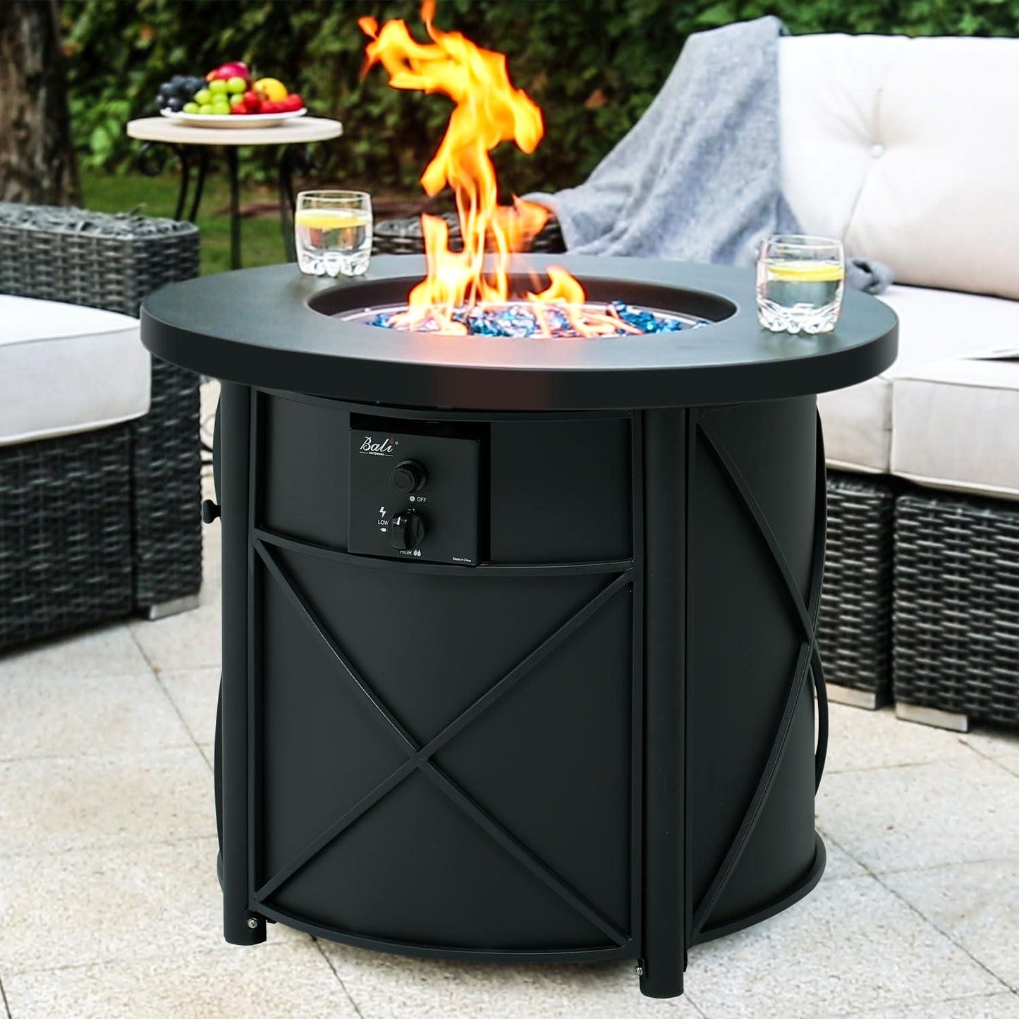 BALI OUTDOORS 30 Inch Round Gas Fire Pit Table, 50,000 BTU Propane Fire Pit Column with Blue Fire Glass Stone for Outside Patio and Garden - CookCave