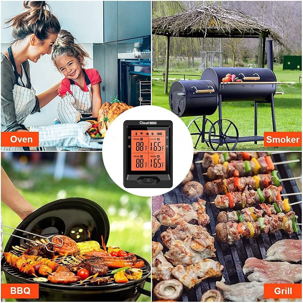 Cloud BBQ 500FT Wireless Meat Thermometer, Smart Rechargeable BBQ Thermometer with Four Probes, Bluetooth Meat Thermometer for Somker, Oven,Grilling, Cooking Turkey Fish Beef (FS-66) - CookCave