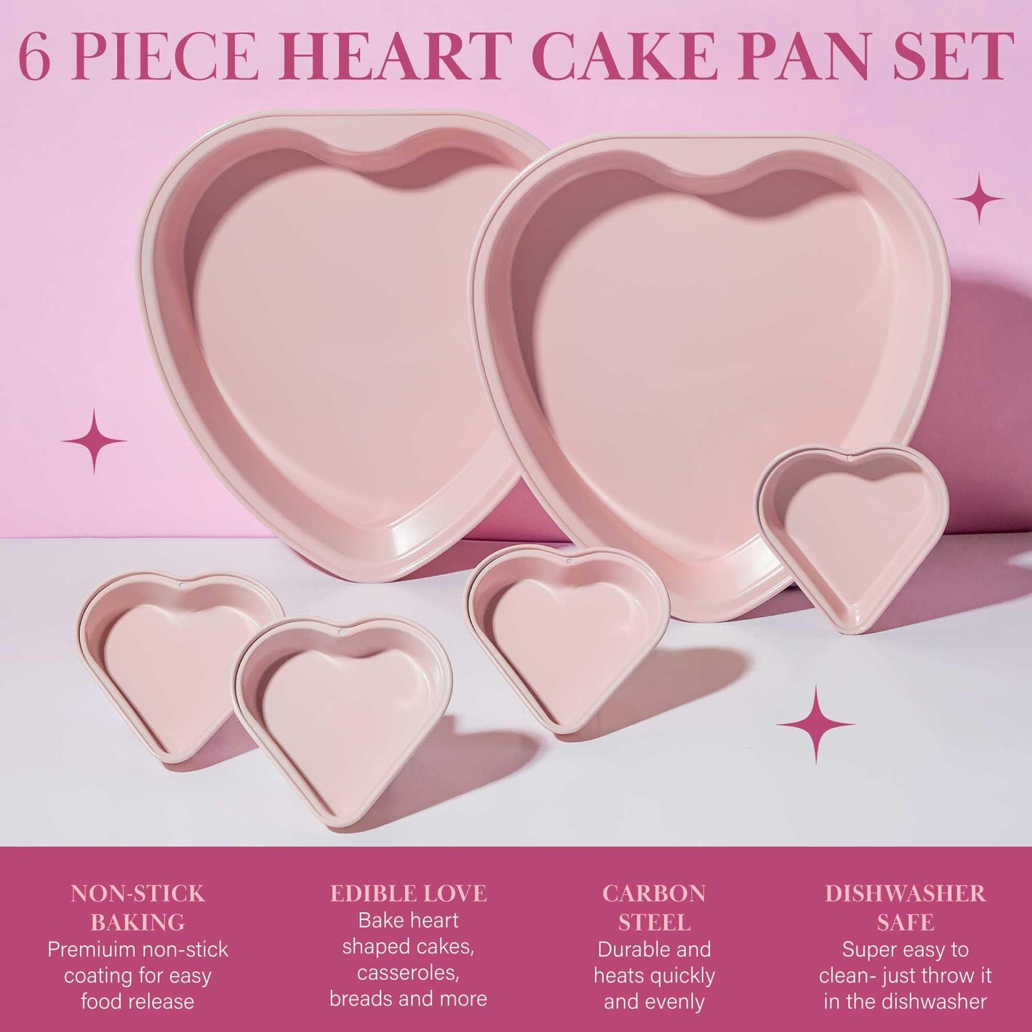 Paris Hilton Heart Shaped Nonstick Bakeware Set, Easy Release Carbon Steel, Includes two 9.5-Inch Pans and four Mini 3.5-Inch Pans, Dishwasher Safe, Made without PFAS or PFOA, 6-Piece Set, Pink - CookCave