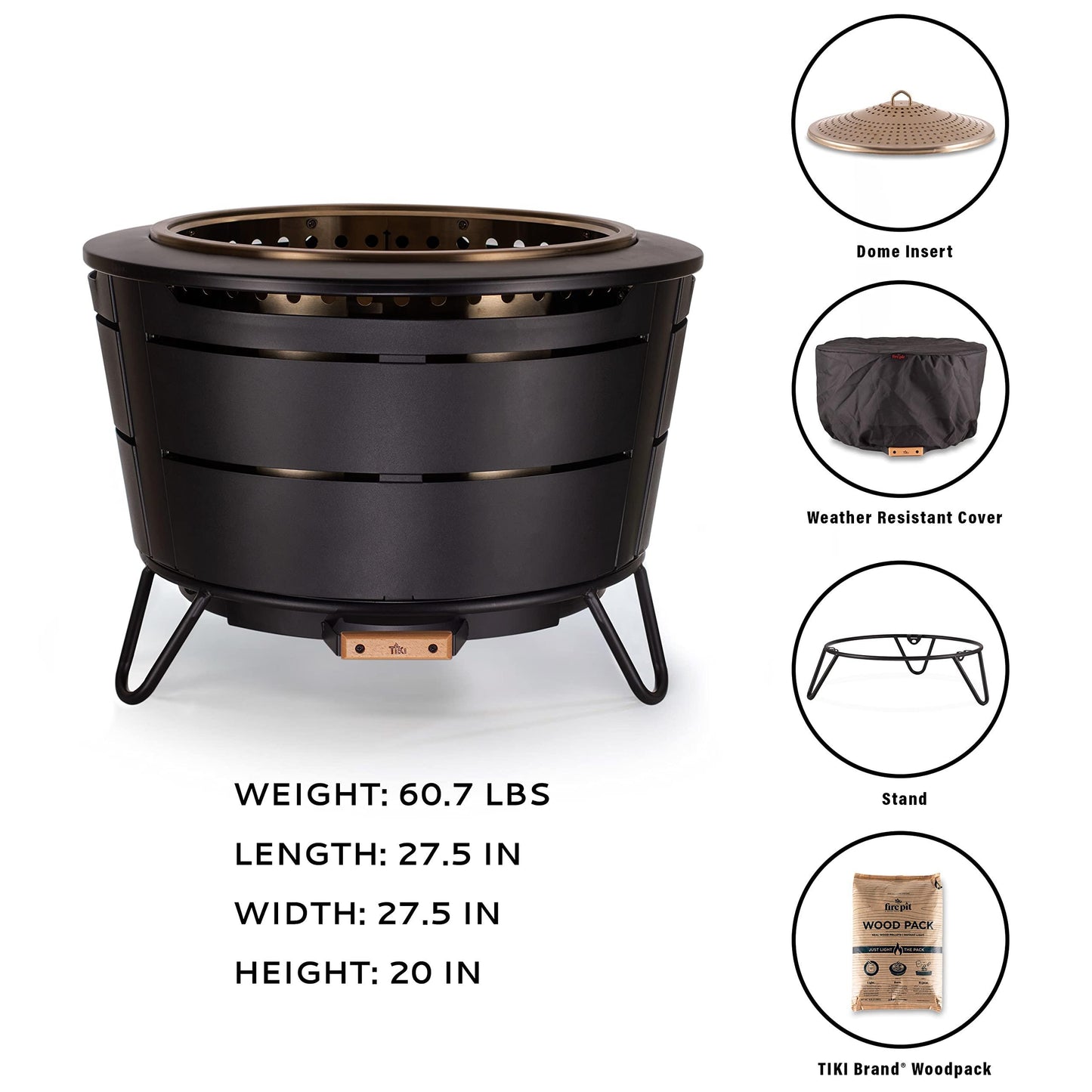 TIKI Brand Reunion Smokeless Fire Pit | Large Wood Burning Outdoor Fire Pit, Great for Large Gatherings - Includes Starter Pack, Modern Design with Removable Ash Pan, 27.5x27.5x20 in, Black - CookCave