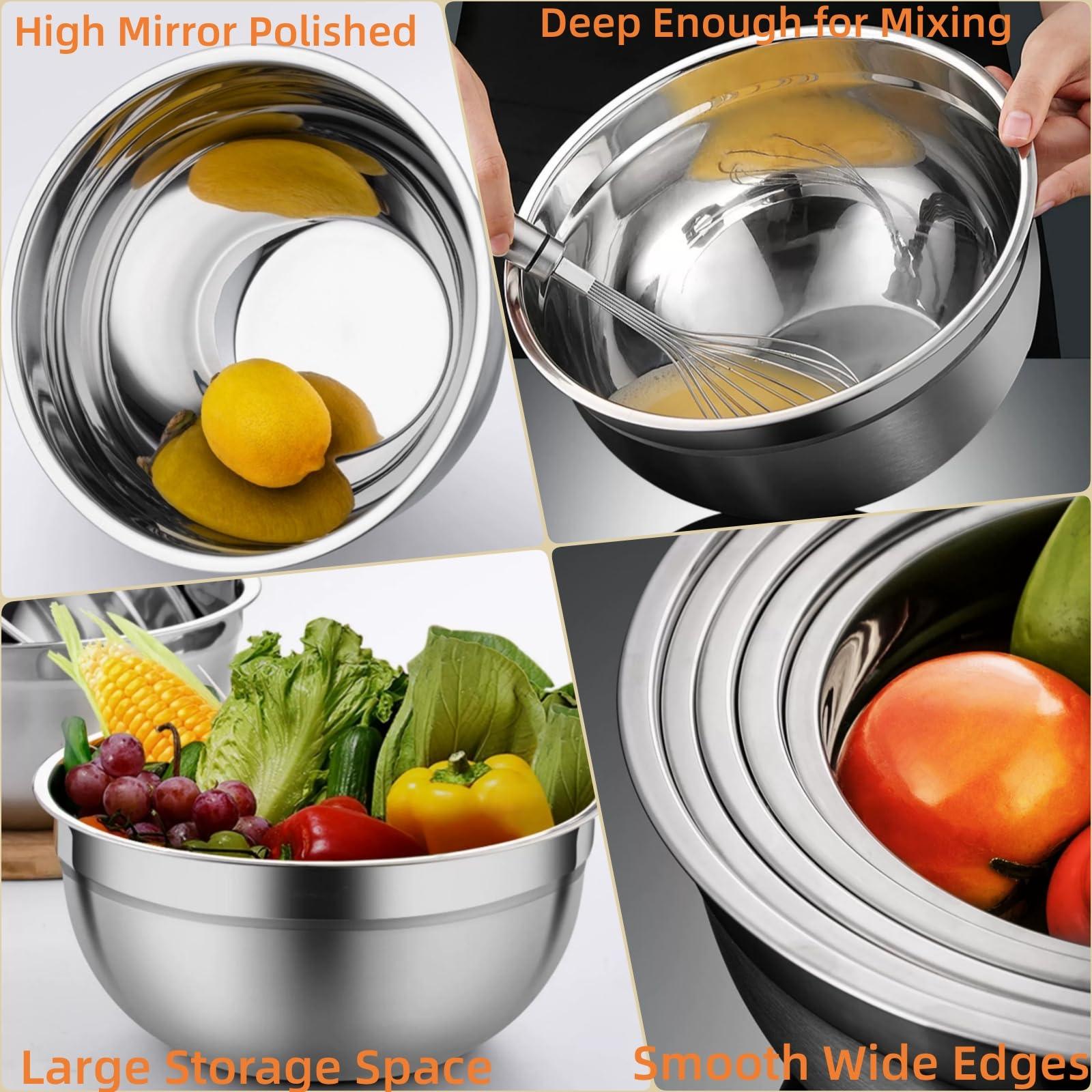 Mixing Bowls with Airtight Lids, 23PCS Large Stainless Steel Mixing Bowl Set & 400ML Measuring Cups & Baking Tools, Kitchen Utensils Metal Nesting Bowl 7/6/4.5/3.5/2.5QT for Prepping Cooking Serving - CookCave