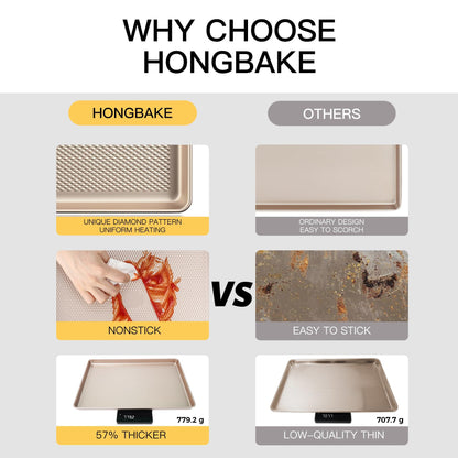 HONGBAKE Baking Sheet Pan Set, Cookie Sheets for Oven, Nonstick Half/Quarter/Jelly Roll Pans with Diamond Texture Pattern, Heavy Duty Cookie Tray - CookCave