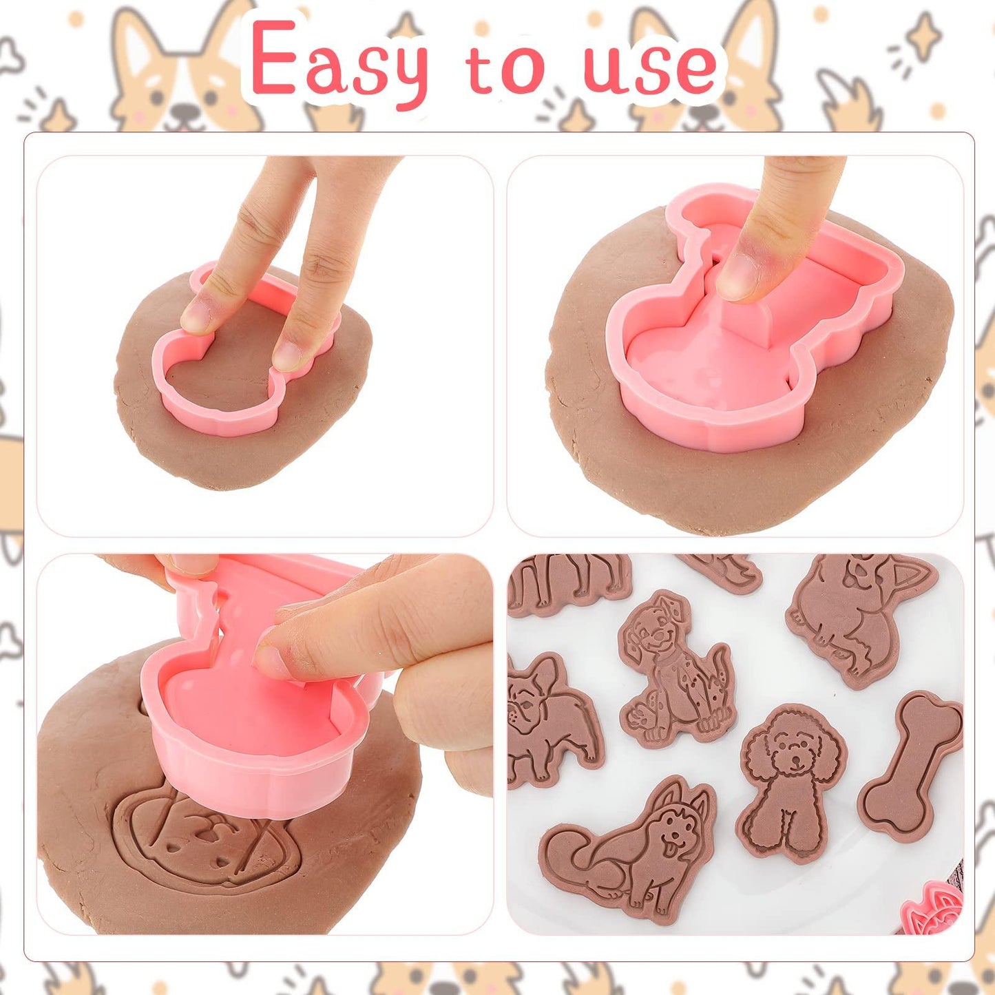 8 Pcs Dog Cookie Cutters with Plunger Stamps Set 3D Puppy Bone Shape Biscuit Cutter Funny Cartoon Cookie Stamps Stamped Embossed Dog Cookie Cutters for Treats DIY Cookie Cake Baking Supplies - CookCave