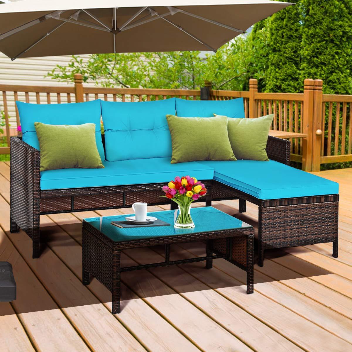 Tangkula Patio Corner Sofa Set 3 Piece, Outdoor Rattan Sofa Set, Includes Lounge Chaise, Loveseat & Coffee Table, Patio Garden Poolside Lawn Backyard Furniture (Turquoise) - CookCave