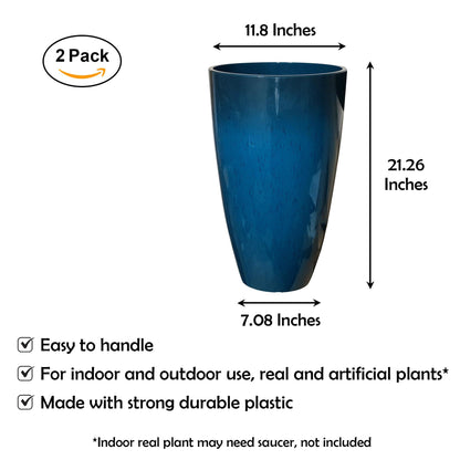 RUBBER BOND Plastic Plant Pots 2 Pack - Modern Indoor/Outdoor Planters for Home Decor - Weather-Resistant Large Flower Pots - Lightweight 22 Inches Tall Planters - Blue Glossy Round Pots for Plants - CookCave