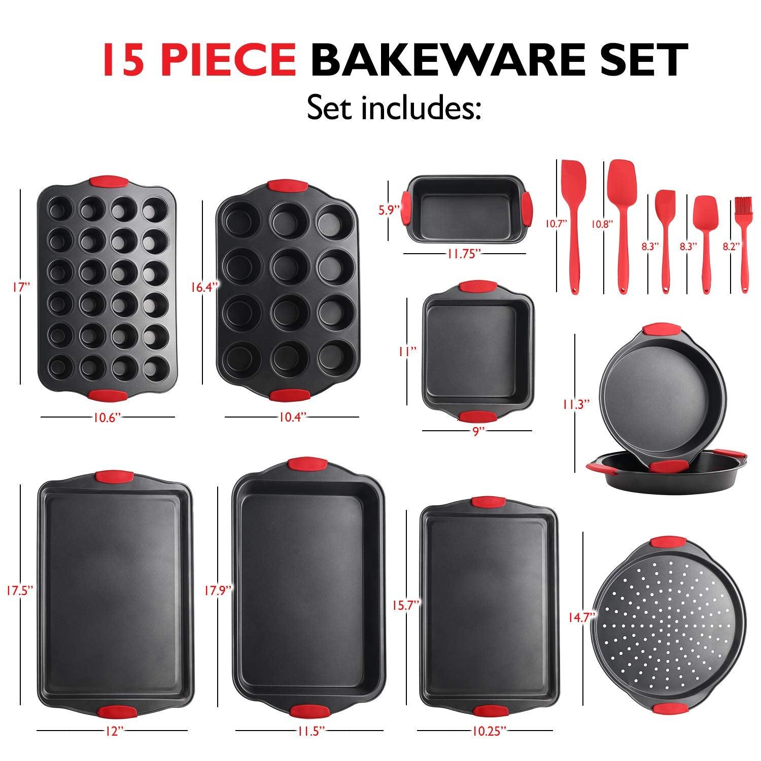 Eatex Nonstick Bakeware Sets with Baking Pans Set, 15 Piece Baking Set with Muffin Pan, Cake Pan & Cookie Sheets for Baking Nonstick Set, Steel Baking Sheets for Oven with Kitchen Utensils Set - Black - CookCave