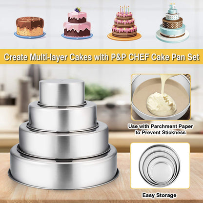P&P CHEF Cake Pan Set - 4”, 6”, 8”, 9.5 4 Piece Round Baking Cake Pans Tin Stainless Steel, Oven/Pot/Dishwasher Safe, Heavy Duty & Non Toxic, Mirror Finish & Easy Clean - CookCave