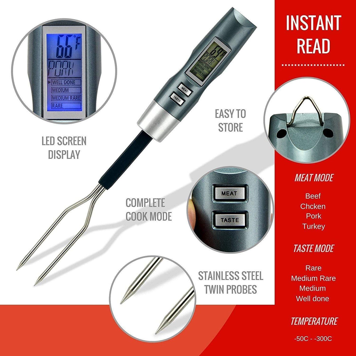 Gladworts Meat Thermometer for BBQ Kitchen Instant Read, Food Temperature Measuring Fork Tester for Liquid Coffee Water Oil Milk, °C/°F Selection - CookCave