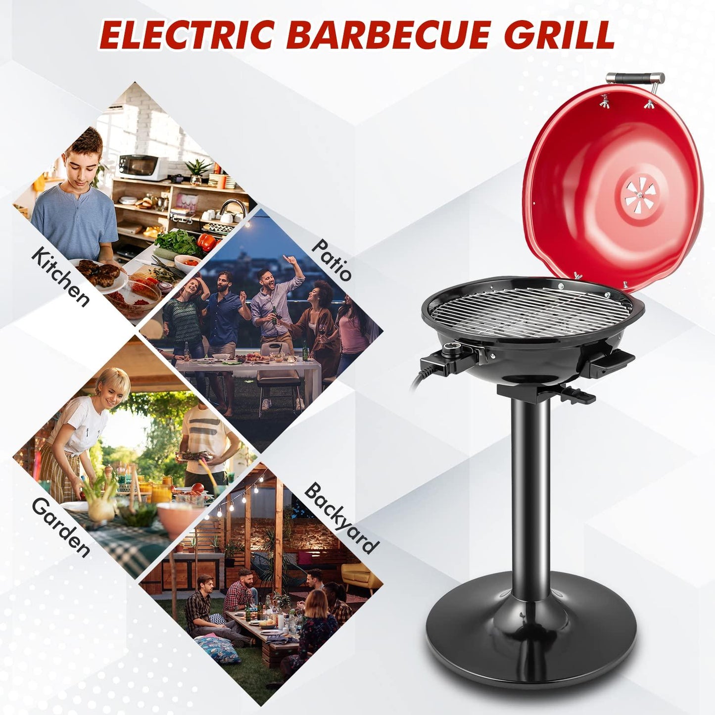 HAPPYGRILL 1600W Portable Electric Grill Outdoor BBQ Grill for 15-Serving, Electric Barbecue Grill for Indoor & Outdoor Use, Portable Stand BBQ Grill for Patio Balcony Kitchen Garden - CookCave