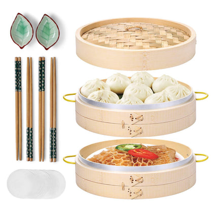 MacaRio Bamboo Steamer Basket Set 10 inch Steamer for Cooking, with Side Handles Chopsticks Ceramic Sauce Dishes Paper Liners, for Dim Sum Dumplings Buns Seafoods Rice Asian Foods - CookCave