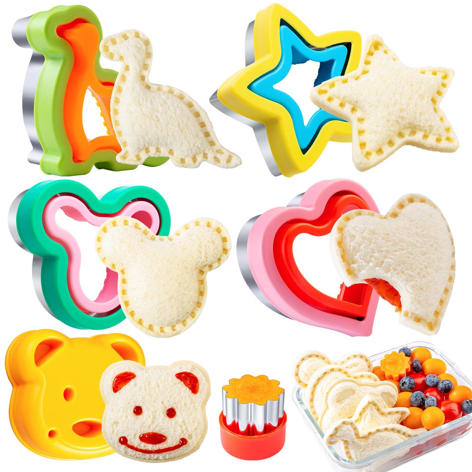 Sandwich Cutters for Kids Lunch LARGE 6 Pcs, Kimfead Sandwich Maker, Cookie Cutters Set, Dinosaur Mouse Heart Star Bear - CookCave