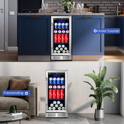 Velivi 15 Inch Beverage Refrigerator and Cooler - 125Cans Capacity Mini Beer Drink Fridge with Glass Door and Lock Under Counter Built-in or Freestanding - for Soda, Beer, Wine - for Home Bar Kitchen - CookCave