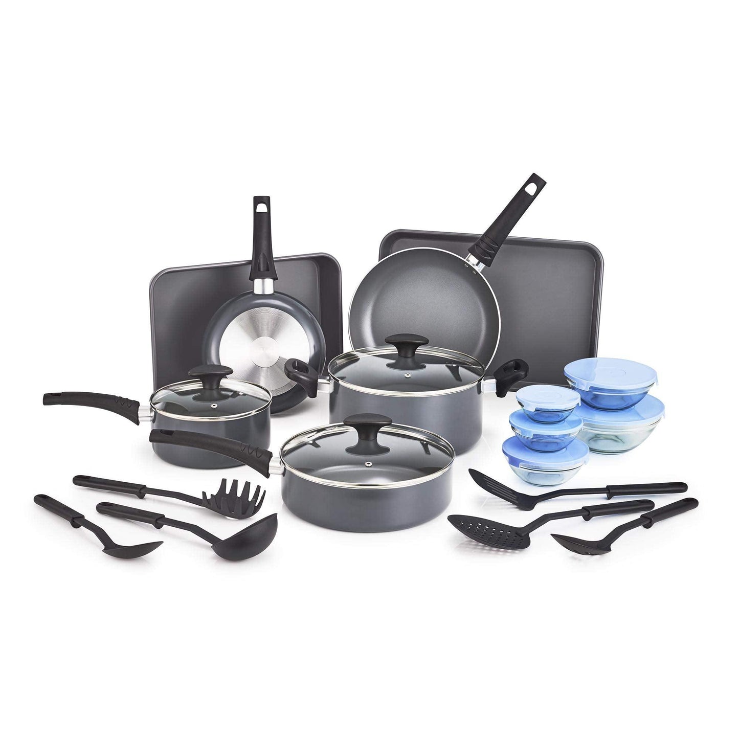 BELLA Nonstick Cookware Set with Glass Lids - Aluminum Bakeware, Pots and Pans, Storage Bowls & Utensils, Compatible with All Stovetops, 21 Piece, Black - CookCave