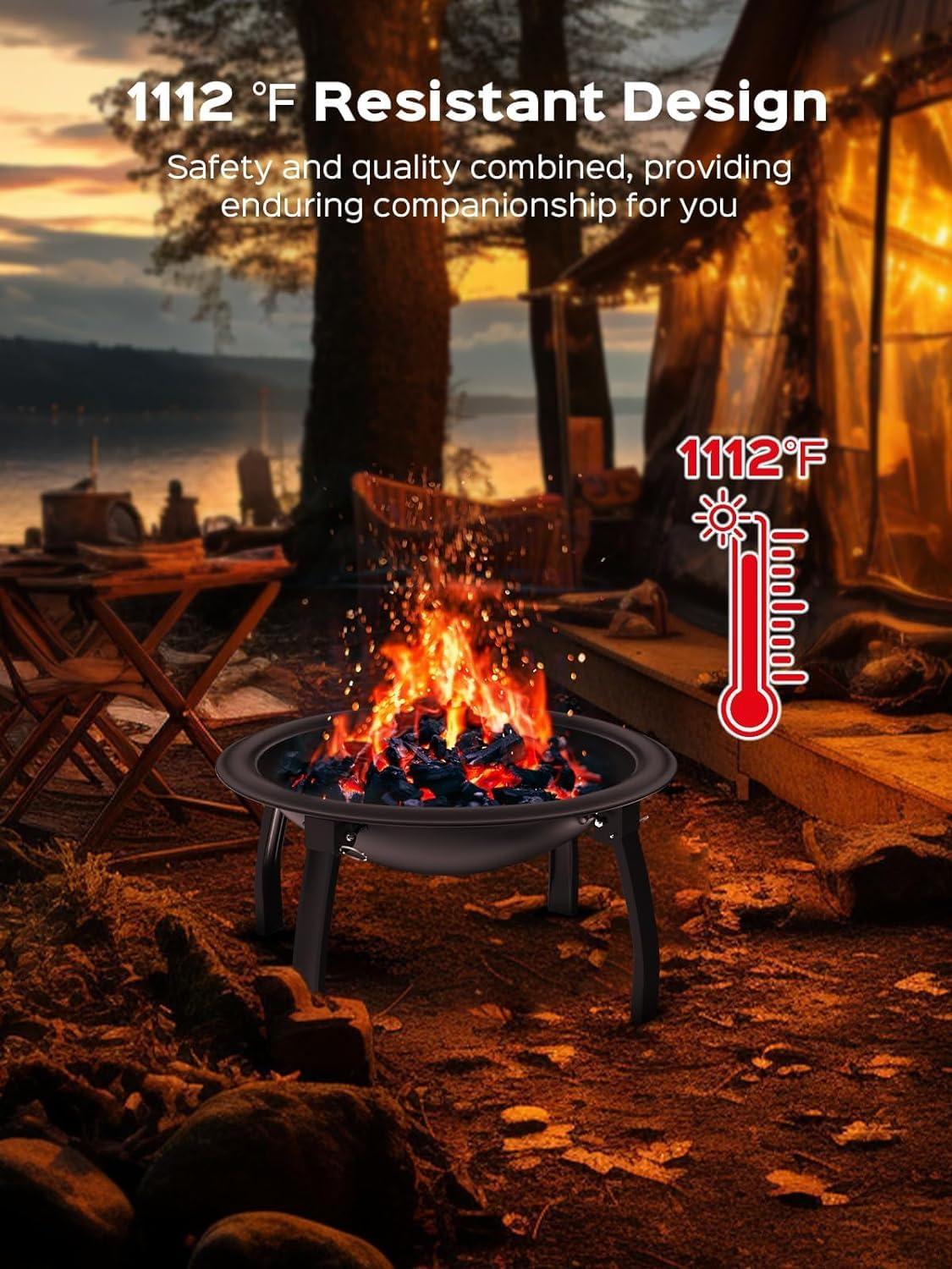 PROUS Outdoor Fire Pit, 22in Foldable Wood Burning Fire Pit, Portable Fire Pit for Camping with Carry Bag, Spark Screen & Poker, Pack Grill, Folding Legs for Camping, Picnic, Bonfire - CookCave