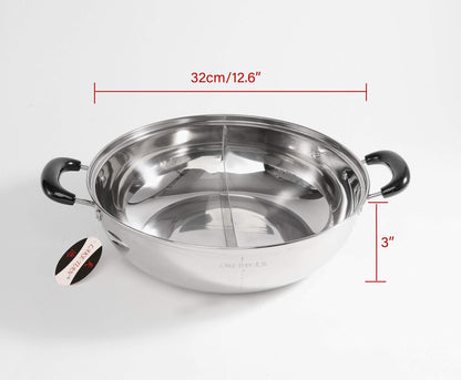 Lake Tian Stainless Steel Shabu Shabu Chinese Hot Pot With Lid, Dual Sided Yin Yang Hot Pot Pot with Divider Set Include 3 Pot Spoons, Divided Hotpot Pot, Portable, 鸳鸯火锅 (32cm/12.6″) - CookCave