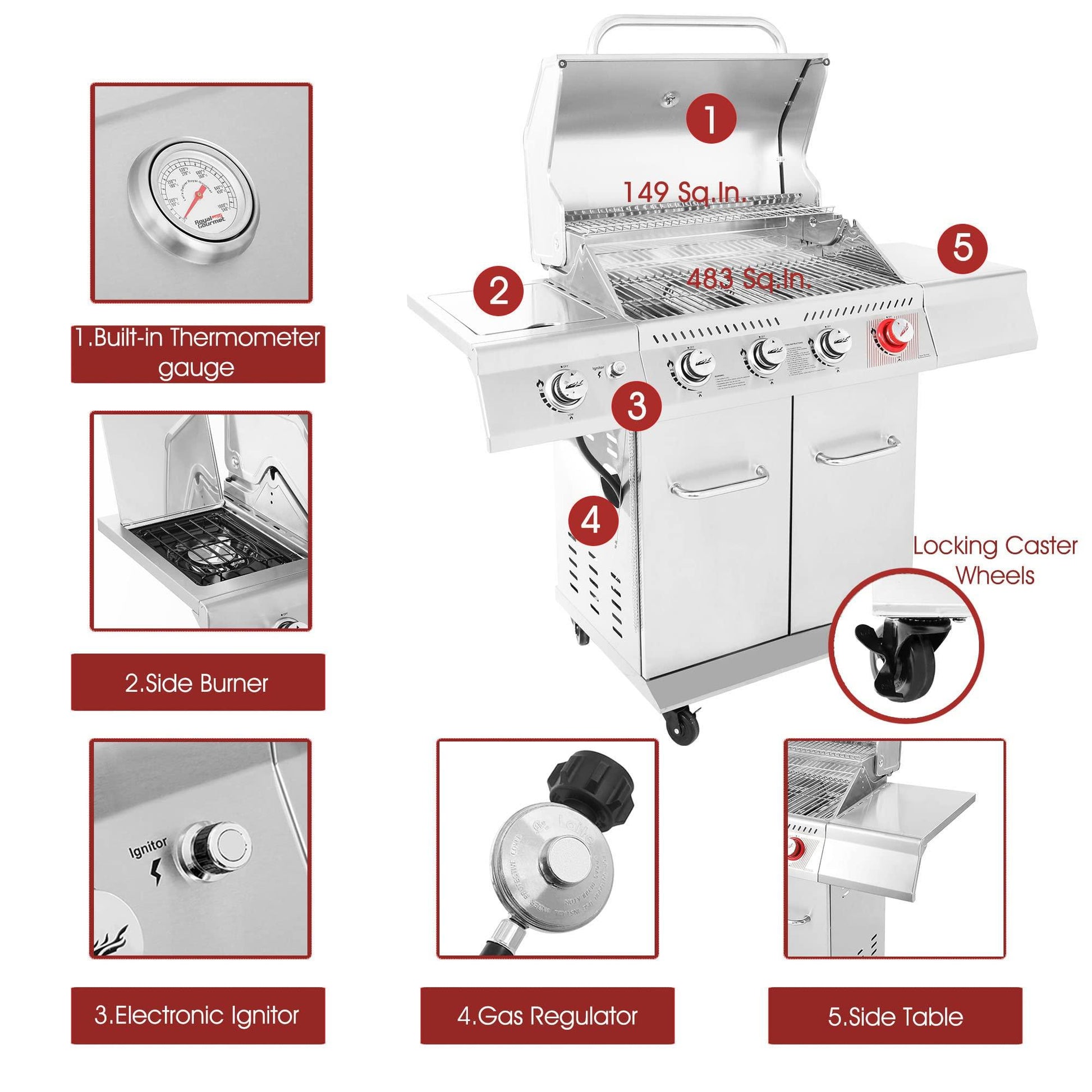 Royal Gourmet GA4402S Stainless Steel 4-Burner BBQ Propane Gas Grill, 54000 BTU Cabinet Style Gas Grill with Sear Burner and Side Burner, Perfect for Patio Garden Picnic Backyard Party, Silver - CookCave