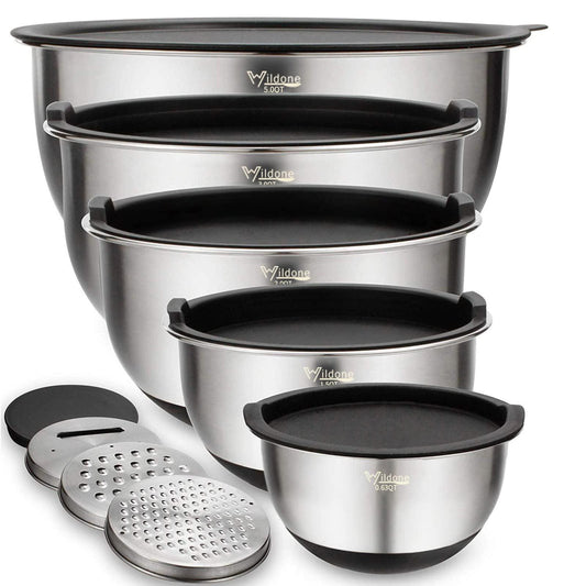 Wildone Mixing Bowls Set of 5, Stainless Steel Nesting Bowls with Lids, 3 Grater Attachments, Measurement Marks & Non-Slip Bottoms, Size 5, 3, 2, 1.5, 0.63 QT, Great for Mixing & Serving - CookCave