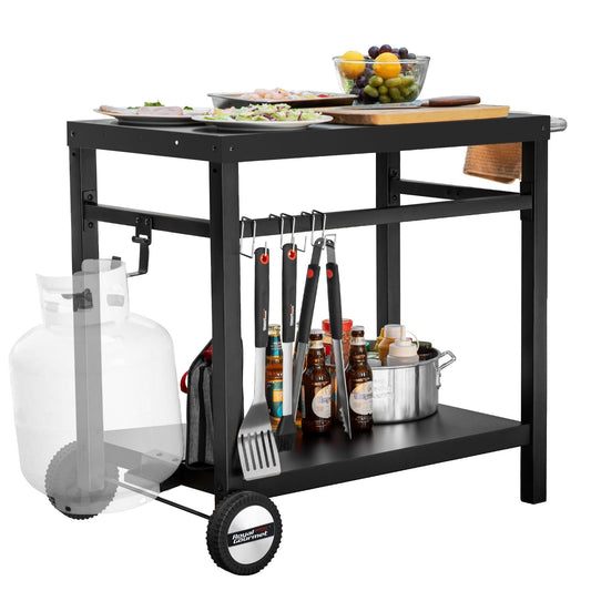 Royal Gourmet Dining Cart Table with Double-Shelf, Movable Steel Flattop Worktable, Hooks, Side Handle, Multifunctional and Commercial PC3401B (Black) - CookCave