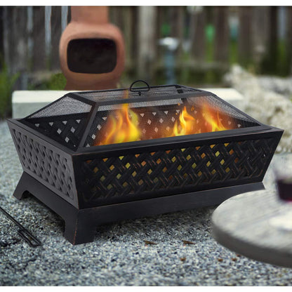 PHI VILLA Outdoor Wood Burning Fire Pits, Rectangular Deep Bowl Large Patio Firepit with Spark Screen, Poker & Metal Grate, 34" x 26" - CookCave