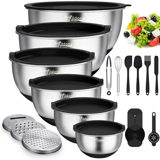 Wildone Mixing Bowls with Airtight Lids, 22 PCS Stainless Steel Nesting Bowls, with 3 Grater Attachments, Scale Marks & Non-Slip Bottom, Size 5, 4, 3, 2,1.5, 0.63QT, Ideal for Mixing & Prepping - CookCave