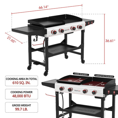 Royal Gourmet GD403 4-Burner Portable Flat Top Gas Grill and Griddle Combo with Folding Legs, 48,000 BTU, for Outdoor Cooking While Camping or Tailgating, Black & Silver - CookCave