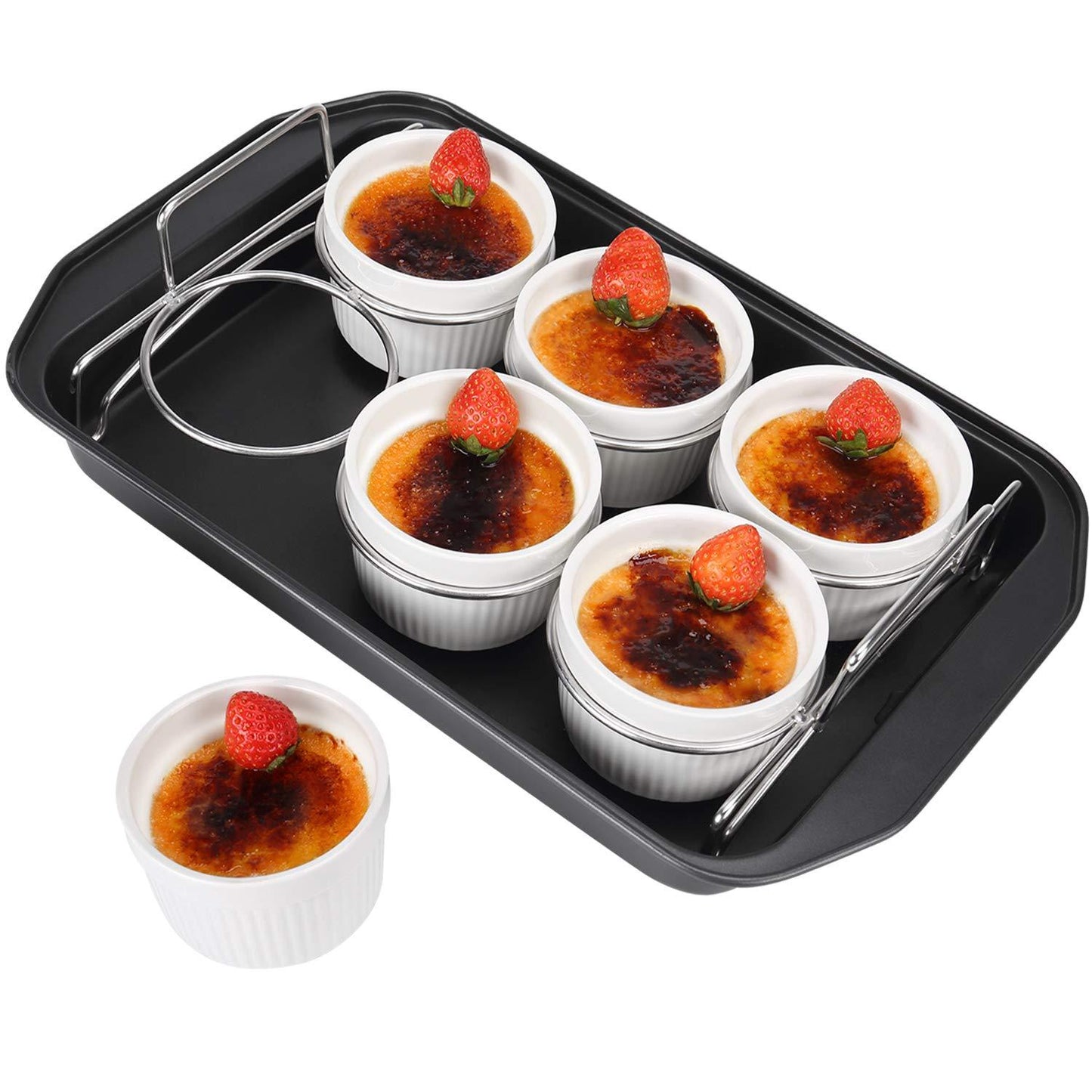 Creme Brulee Making Set - 6 Porcelain Ramekins 6 oz, 304 Stainless Steel Lifting Rack, 9" X 13" Bottom Pan - CookCave