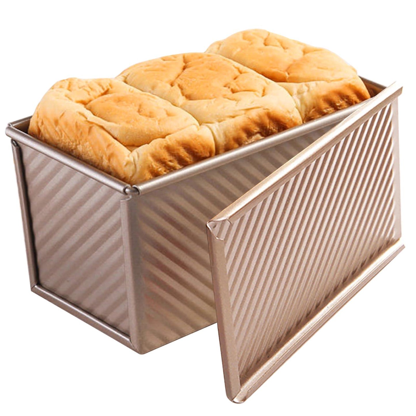 Cayanmydery Pullman Loaf Pan with Lid, Non-Stick Bakeware Golden Corrugated Carbon Steel Bread Toast Box Mold with Cover for Baking Bread, 1 lb Dough Capacity - CookCave