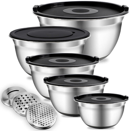 COOK WITH COLOR Stainless Steel Mixing Bowls - 14 Piece Stainless Steel Nesting Bowls Set with Silicone Lids and Grater Attachments - CookCave