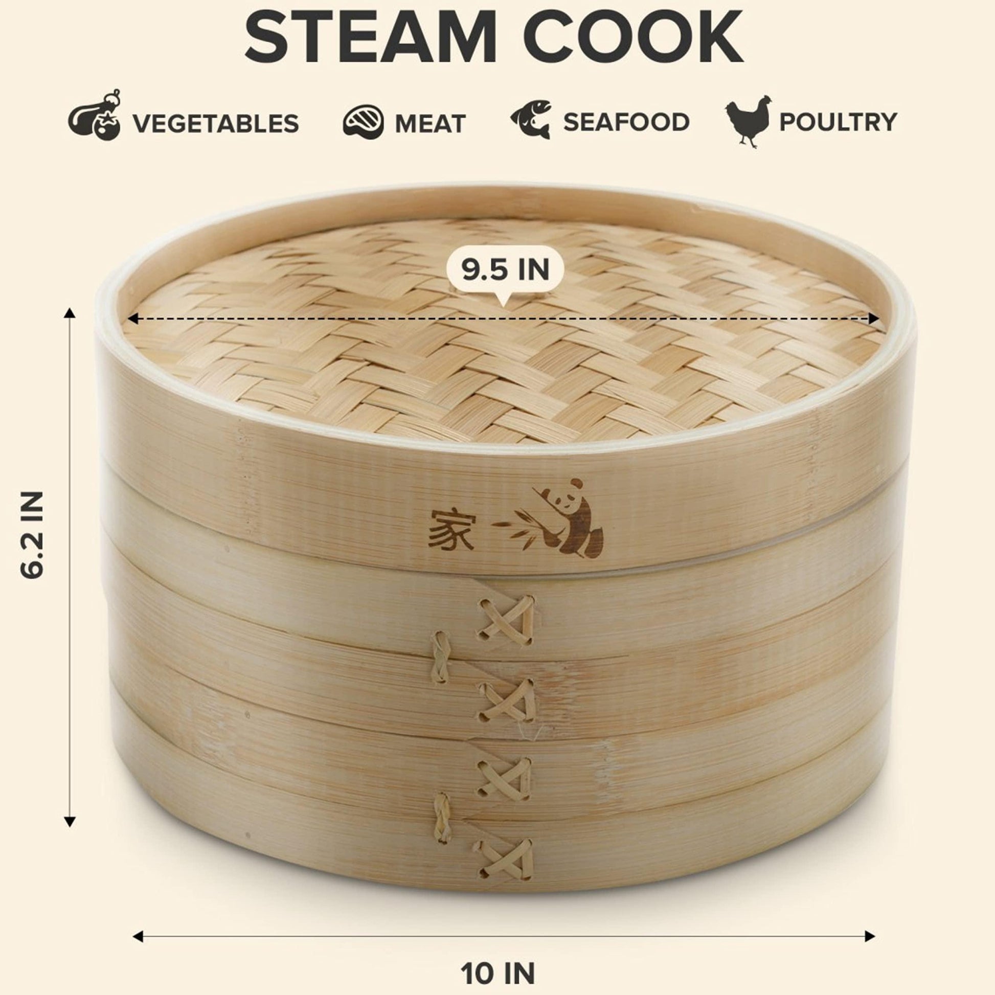 Prime Home Direct Bamboo Steamer Basket 10-inch | 2-Tier Steamer for Cooking | 50 Liners, Chopsticks & Sauce Dish | Dumpling Steamer, Food Steamer Baskets for Cooking - Rice & Vegetable Steamer Pot - CookCave