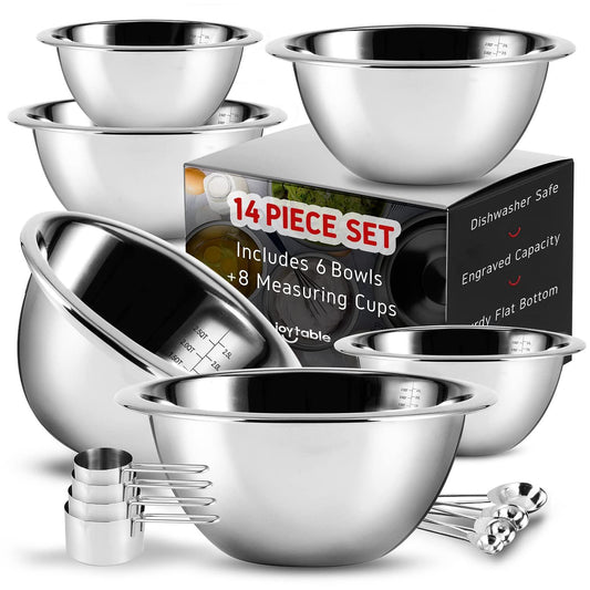 JOYTABLE 14 Piece Mixing Bowls With Measuring Cups And Spoons Set - Premium Stainless Steel Mixing Bowls Set - Nesting & Stable Metal Mixing Bowls Great For Kitchen, Baking, Cooking, Or Prep - CookCave