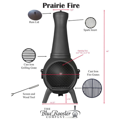 The Blue Rooster Prairie Fire Chiminea Outdoor Fireplace - Wood Burning Cast Aluminum Deck or Patio Firepit - CookCave