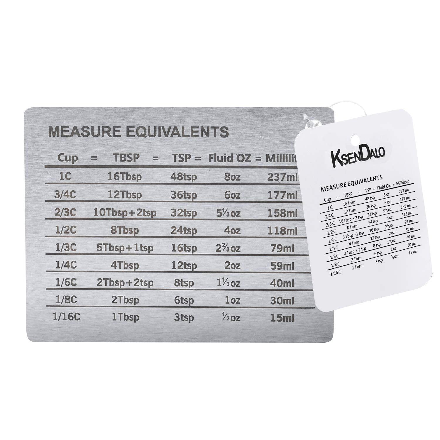 Measurement Conversion Chart with Strong Magnet Backing, KSENDALO Stainless Measurement Conversions For Cups, Tablespoons, Teaspoons, Fluid Oz and Milliliters,Silver - CookCave