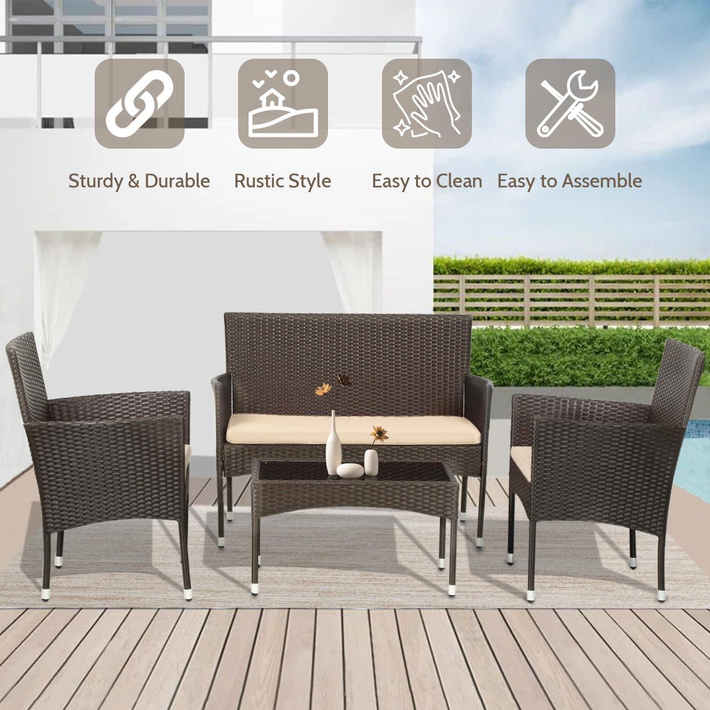 FDW Patio Furniture Set 4 Pieces Outdoor Rattan Chair Wicker Sofa Garden Conversation Bistro Sets for Yard (Brown) - CookCave