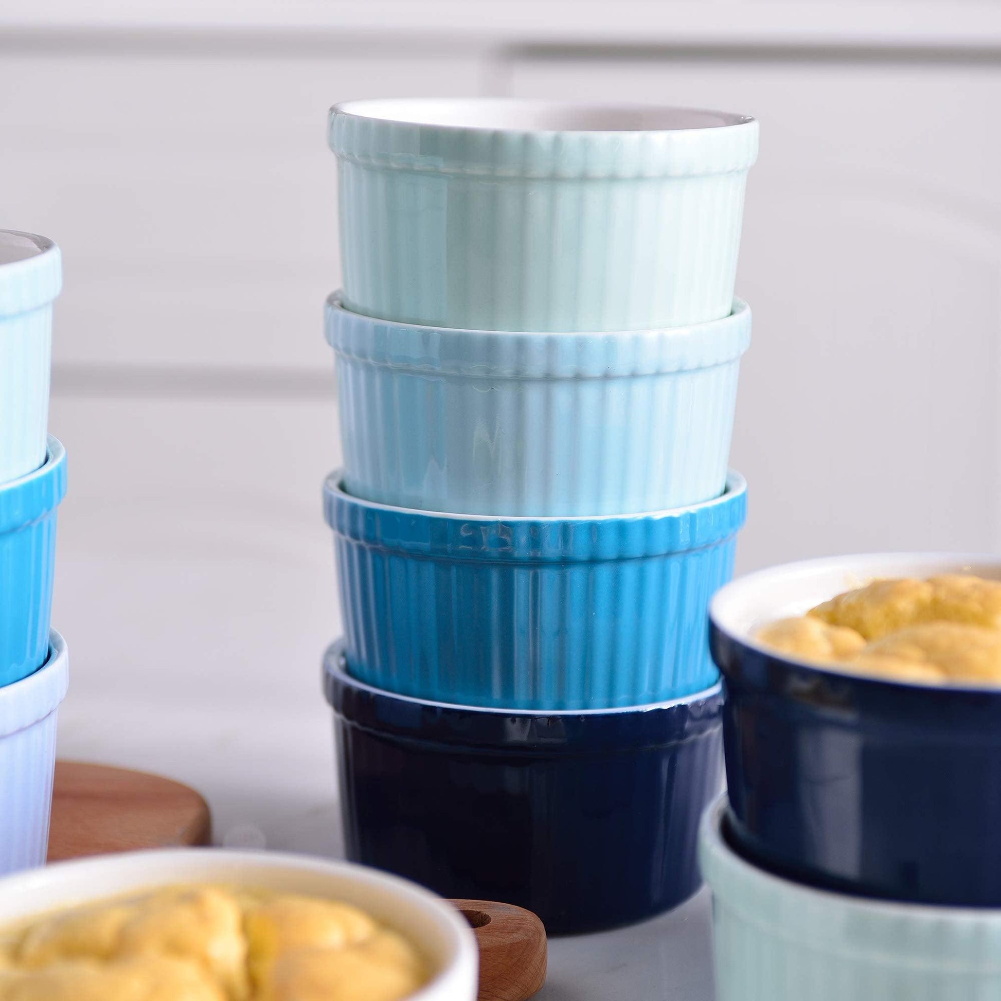 LOVECASA 6 OZ Ramekins Bowls, Small Creme Brulee Ramekins Set of 12, Oven Safe Porcelain Souffle Cups for Baking Lava Cakes, Pudding, Pot Pie, Dip Sauce, Custard Cups & Ice Cream, Multi-Blue - CookCave