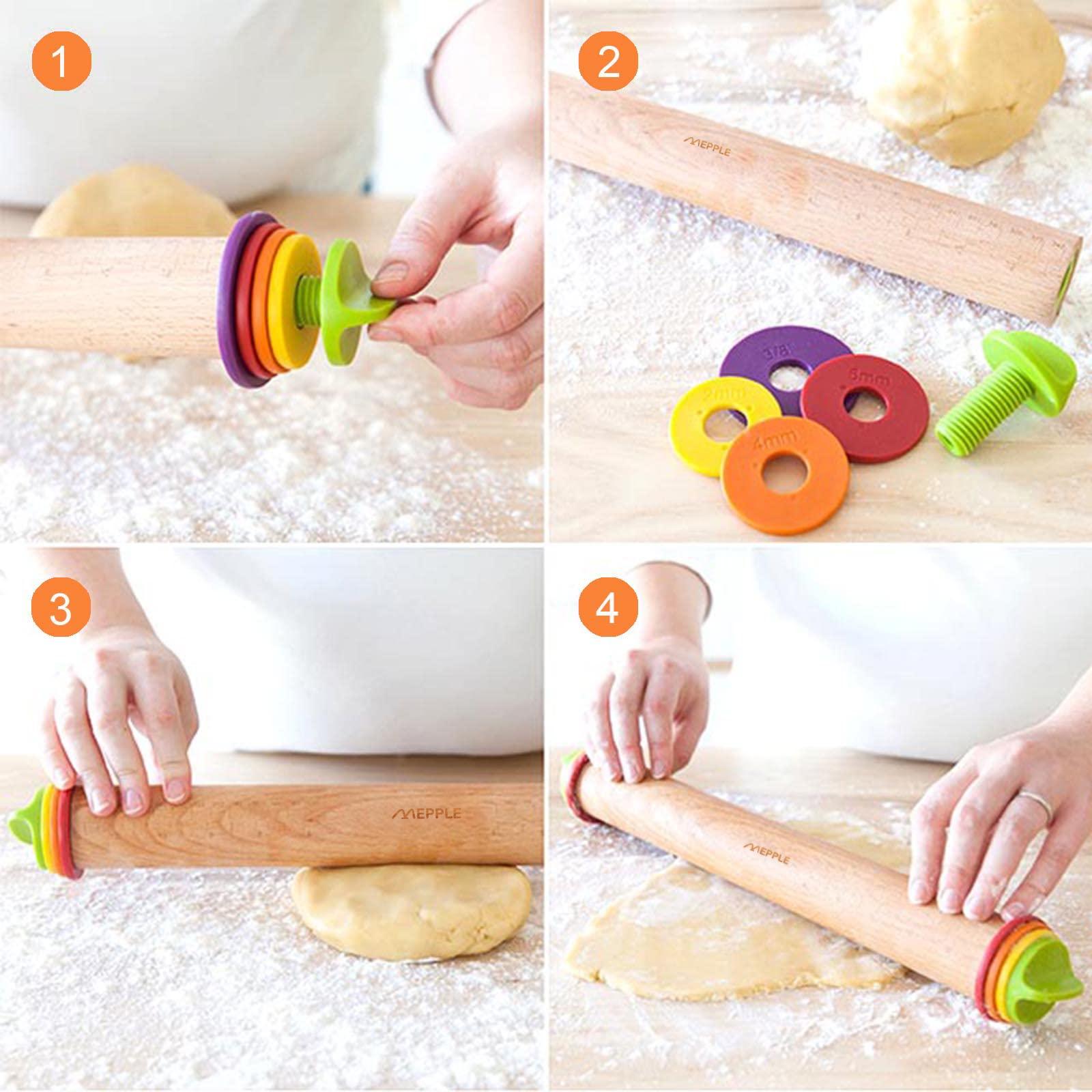 Mepple Rolling Pin with Thickness Rings and Pastry Baking Mat, 13.6" Adjustable Rolling Pin Wood Dough Roller for Baking Cookie Pizza, Comes with Large Silicone Pastry Mat, Kitchen Baking Tools - CookCave