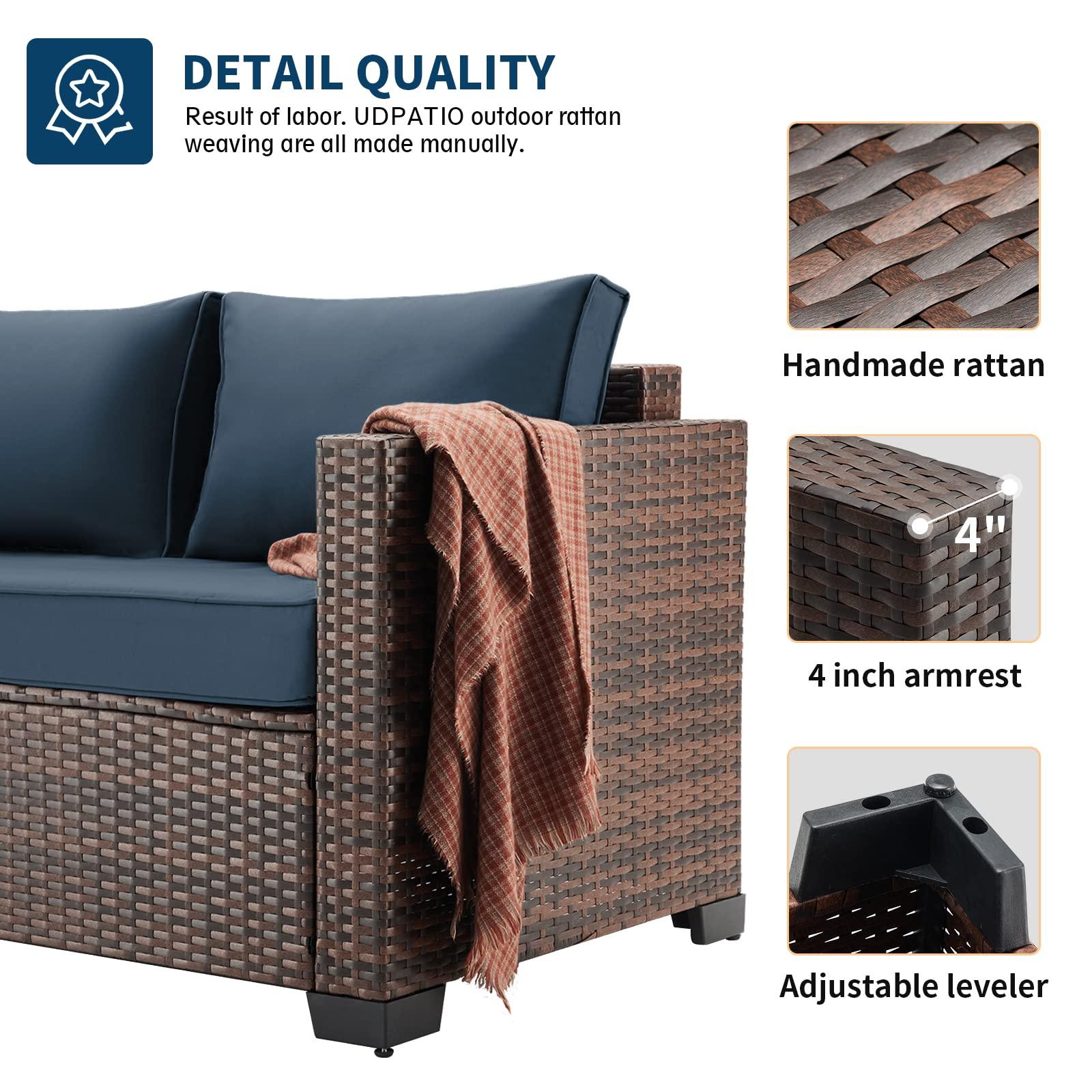 UDPATIO 3-Seat Patio Wicker Sofa, Outdoor Rattan Sectional Couch Furniture Steel Frame w/Furniture Cover Non-Slip Cushion and Deep Seating High Back, Navy - CookCave