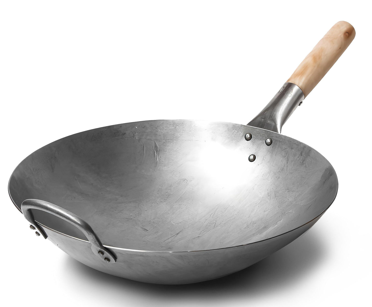 Craft Wok Traditional Hand Hammered Carbon Steel Pow Wok with Wooden and Steel Helper Handle (14 Inch, Round Bottom) / 731W88 - CookCave