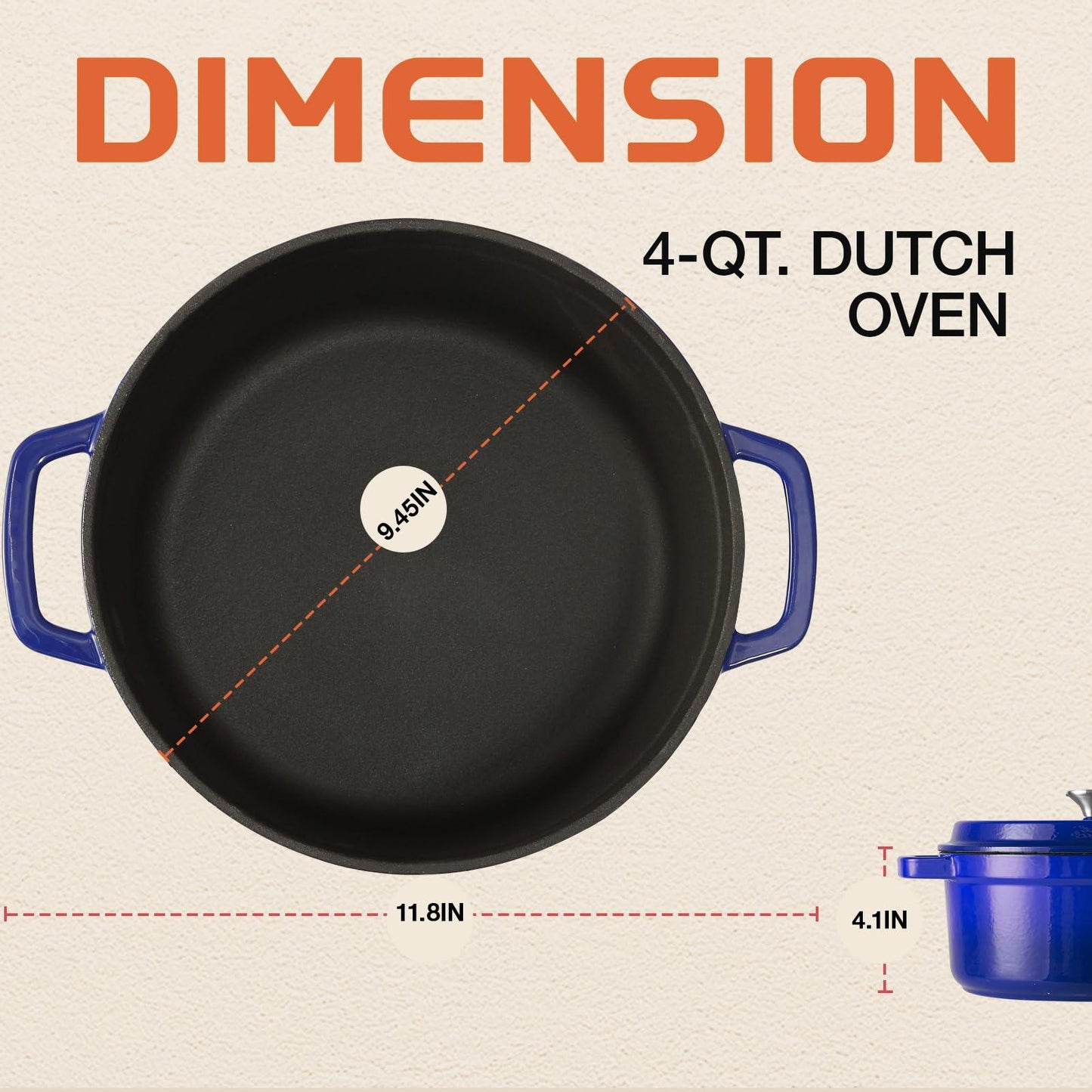 Enameled Cast Iron Dutch Oven Pre-seasoned Pot with Lid & Handles, 4 Quart Enamel Coated Cookware Pot with Silicone Handles and Mat for Cooking, Basting, or Baking, Blue - CookCave