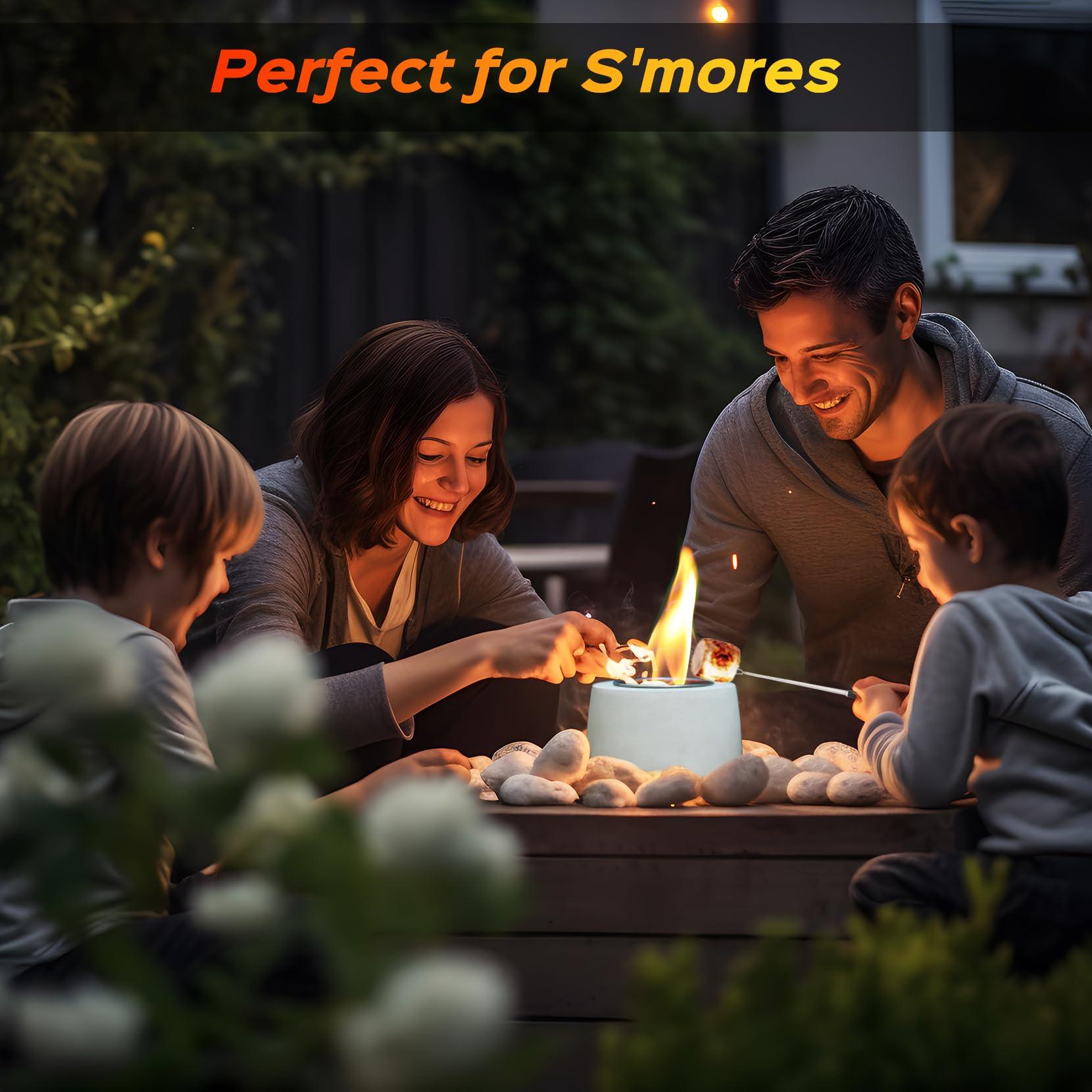 Tabletop Fire Pit, Round Concrete Smokeless Smores Fire Pit Table Top as Smores Maker Kit, Dual Burner Cups Rubbing Alcohol Table Top Firepit for Indoor & Patio - CookCave