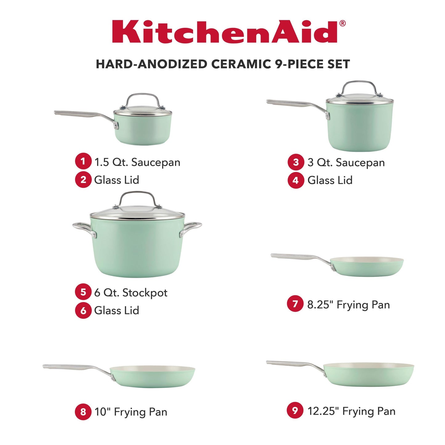 KitchenAid Hard Anodized Ceramic Ceramic Nonstick Cookware Pots and Pans Set, 9 Piece - Pistachio - CookCave