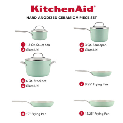 KitchenAid Hard Anodized Ceramic Ceramic Nonstick Cookware Pots and Pans Set, 9 Piece - Pistachio - CookCave