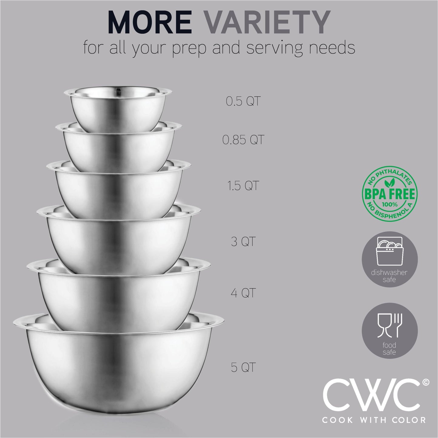 COOK WITH COLOR Stainless Steel Mixing Bowls - 6 Piece Stainless Steel Nesting Bowls Set includes 6 Prep Bowl and Mixing Bowls - CookCave